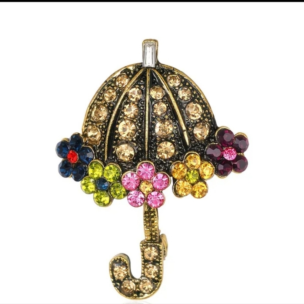 🆕️☂️ SMALL RHINESTONED UMBRELLA BROOCH / PIN - ANTIQUED GOLD-TONE ☂️